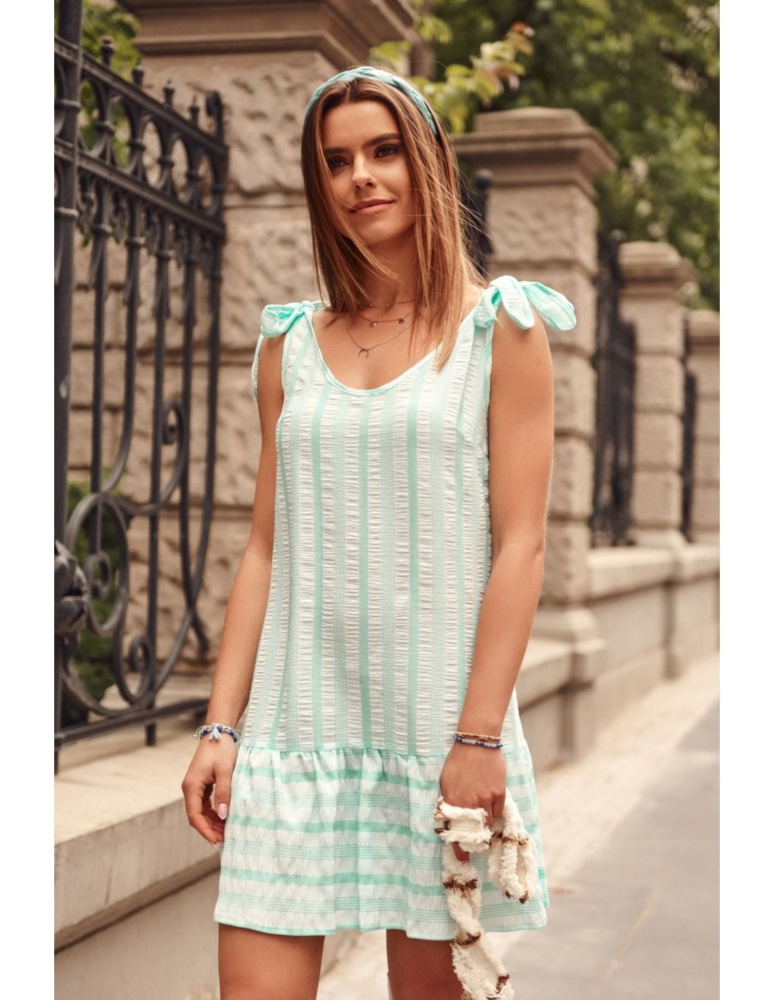 Rochie de vara in dungi legata pe umeri, menta PR3203 - Magazin online - Boutique